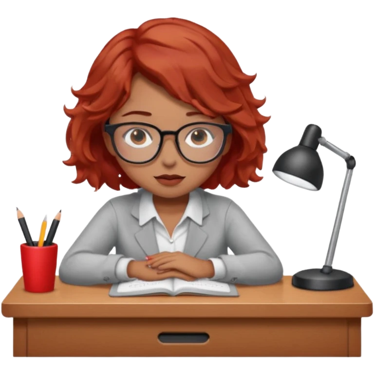 Pretty model, brown eyes, soft red short wavy hair, falling asleep at desk, wearing glasses emoji