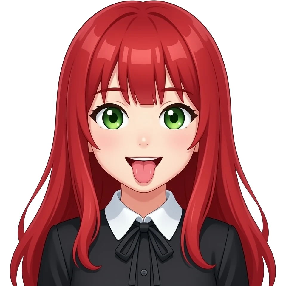 anime girl tongue out long red hair green eyes black blouse with white collar emoji