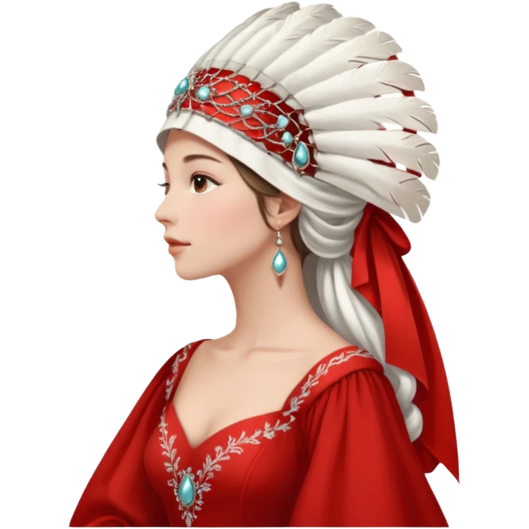 mujer de perfil con un vestido rojo de manga y falsas largas y voluptosas, y una toca blanca GRANDE que no se le ve la cara porque la toca la cubre emoji