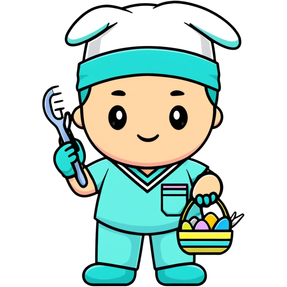 plastic surgeon in pastel scrubs with Easter basket and surgical tools emoji