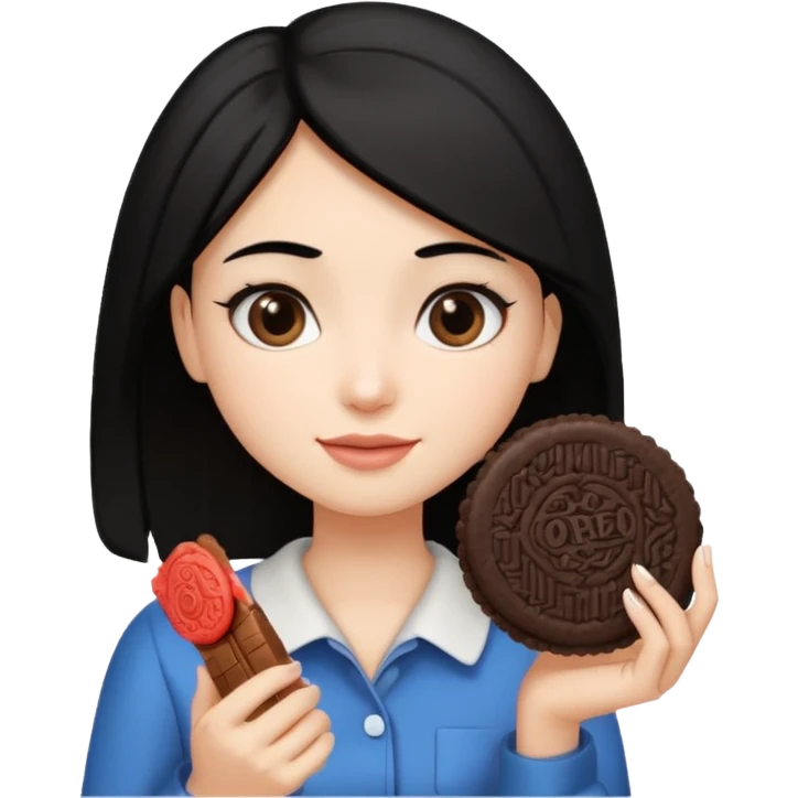 Girl with shoulder-length black hair, holding an oreo cookie in her hand emoji