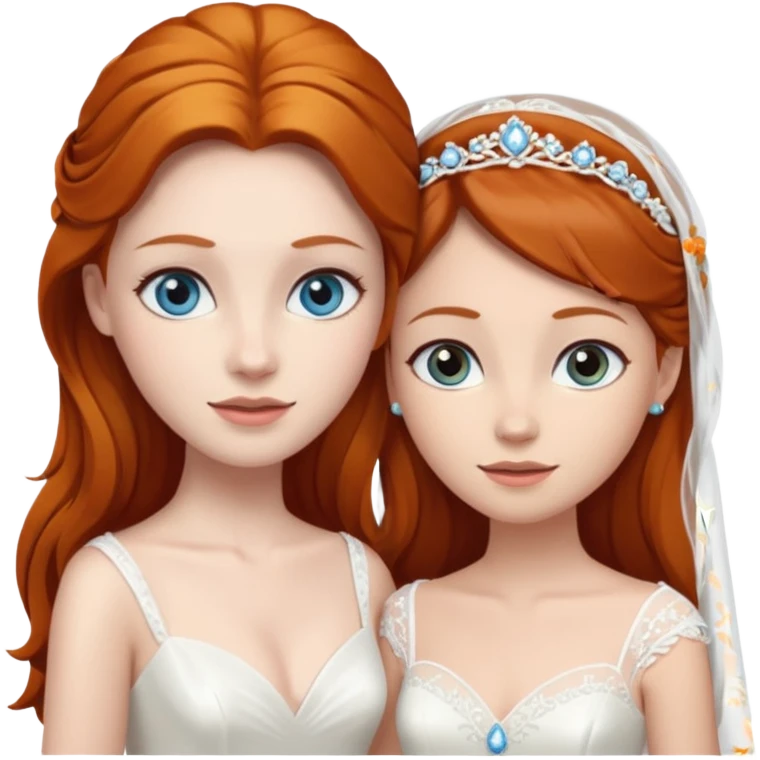A ginger woman with blue eyes, marrying a taller woman with dark brown hair and hazel eyes, both in wedding dresses. emoji