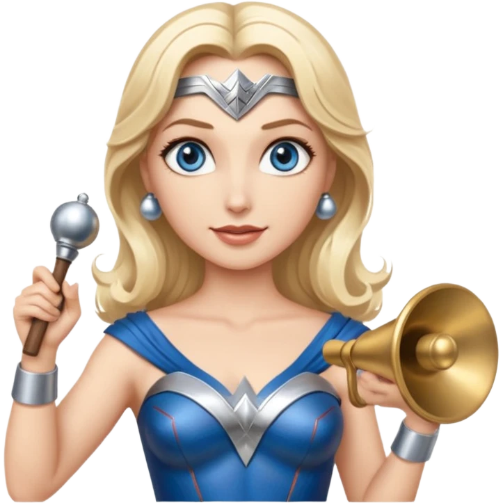 Blonde blue eyes Wonder Woman holding bell and short white orchestra conductor’s baton  emoji