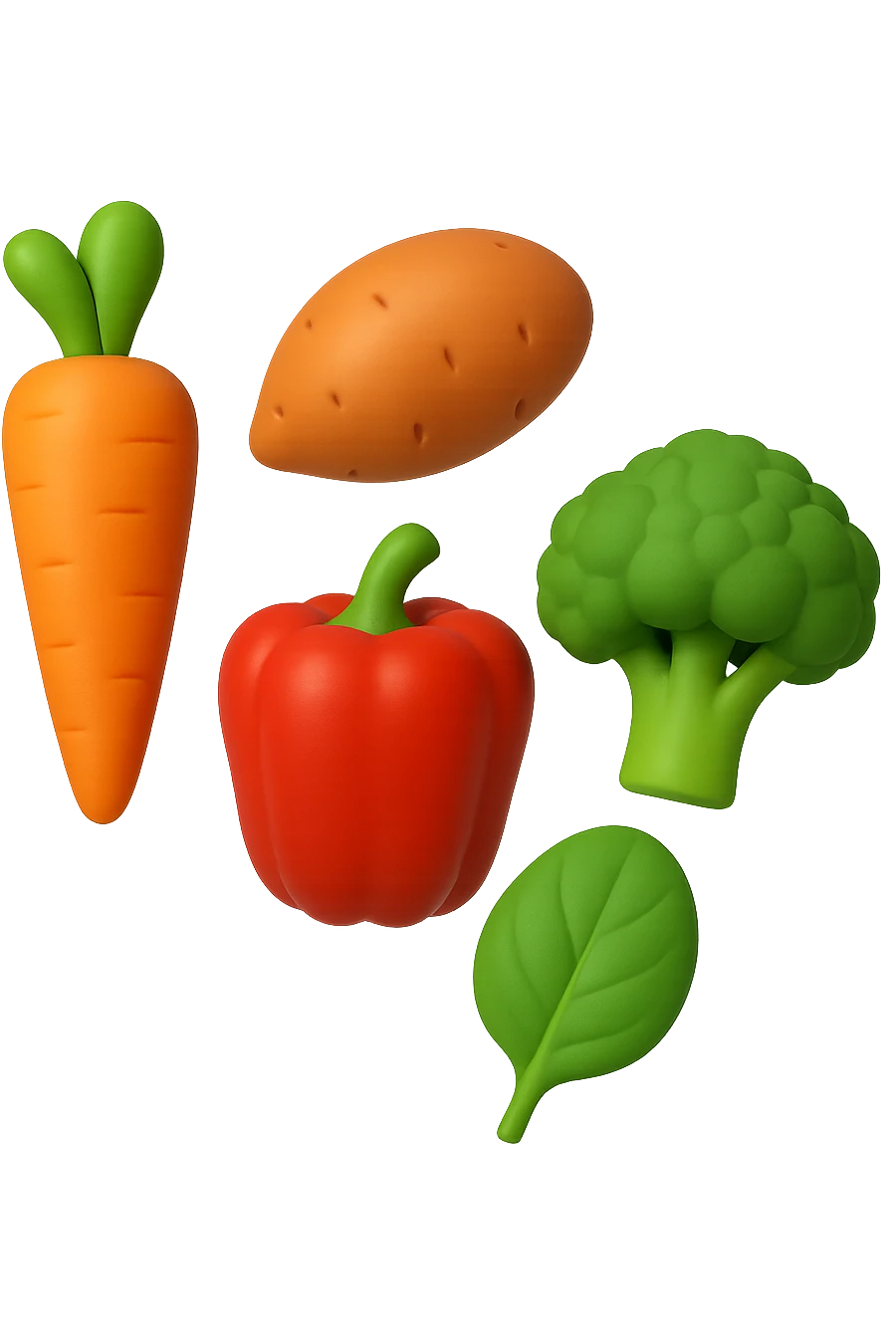 emoji 3d stile iphone di cinque cibi vegetali, vitamina A e glutammina che fluttuano in aria 3d emoji