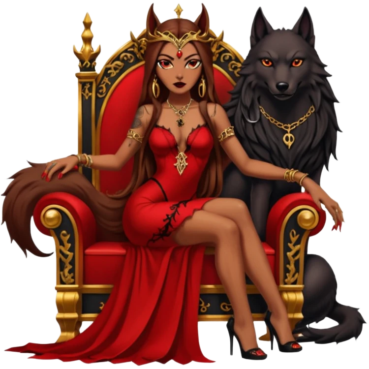 Caramel skin toned Lilith symbol seductress evil brown straight long hair haired, sexy succubus woman with red and black Chanel dress sitting on a Black and gold throne. A large black wolf laying beside her. Tattoos all down her arms emoji