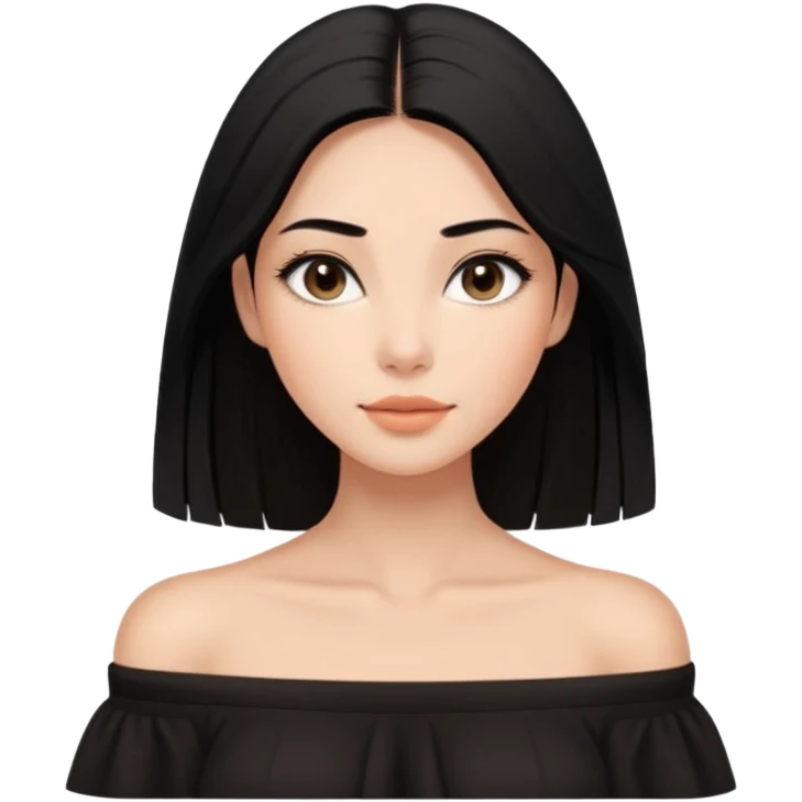 A realistic 3D avatar of a young woman with a soft oval face, slim cheeks, natural almond eyes, long straight black hair, minimal makeup, wearing a black off-shoulder top, elegant and aesthetic, tanned skintone. emoji
