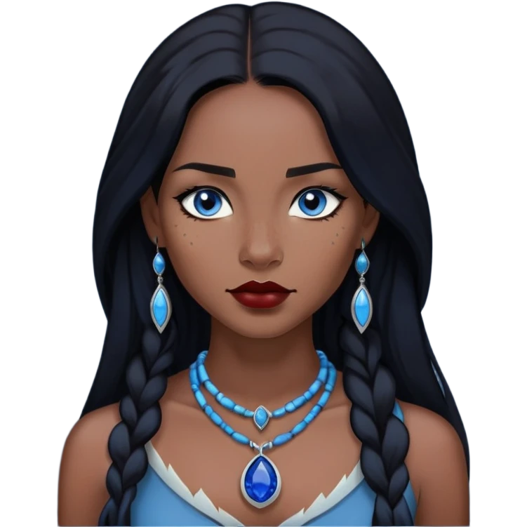 woman katara native american blue eyes dark skin freckles dark black long hair reddish lipstick necklace with sapphire pendant emoji