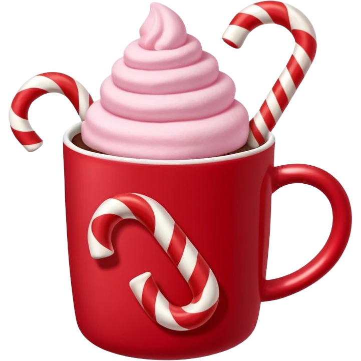 hot chocolete with pastel pink marshmallows in red christmas mug and candy cane, trendy aesthetic emoji