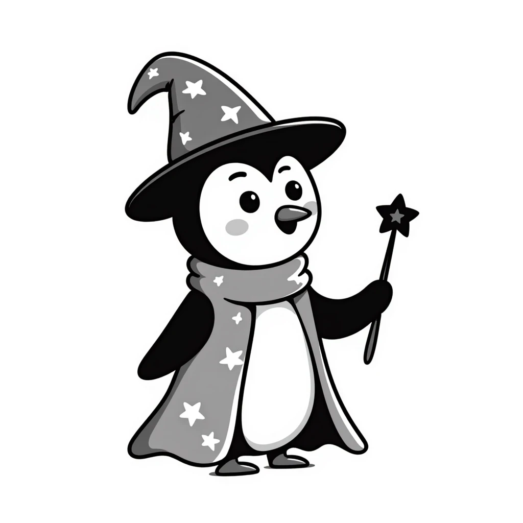 cute penguin wearing a wizard hat and robe, holding a magic wand emoji