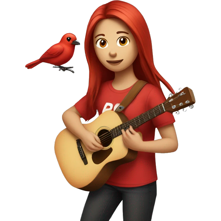Girl red colored medium long hair with a red shirt playing guitar and she has a bird on her shoulder emoji