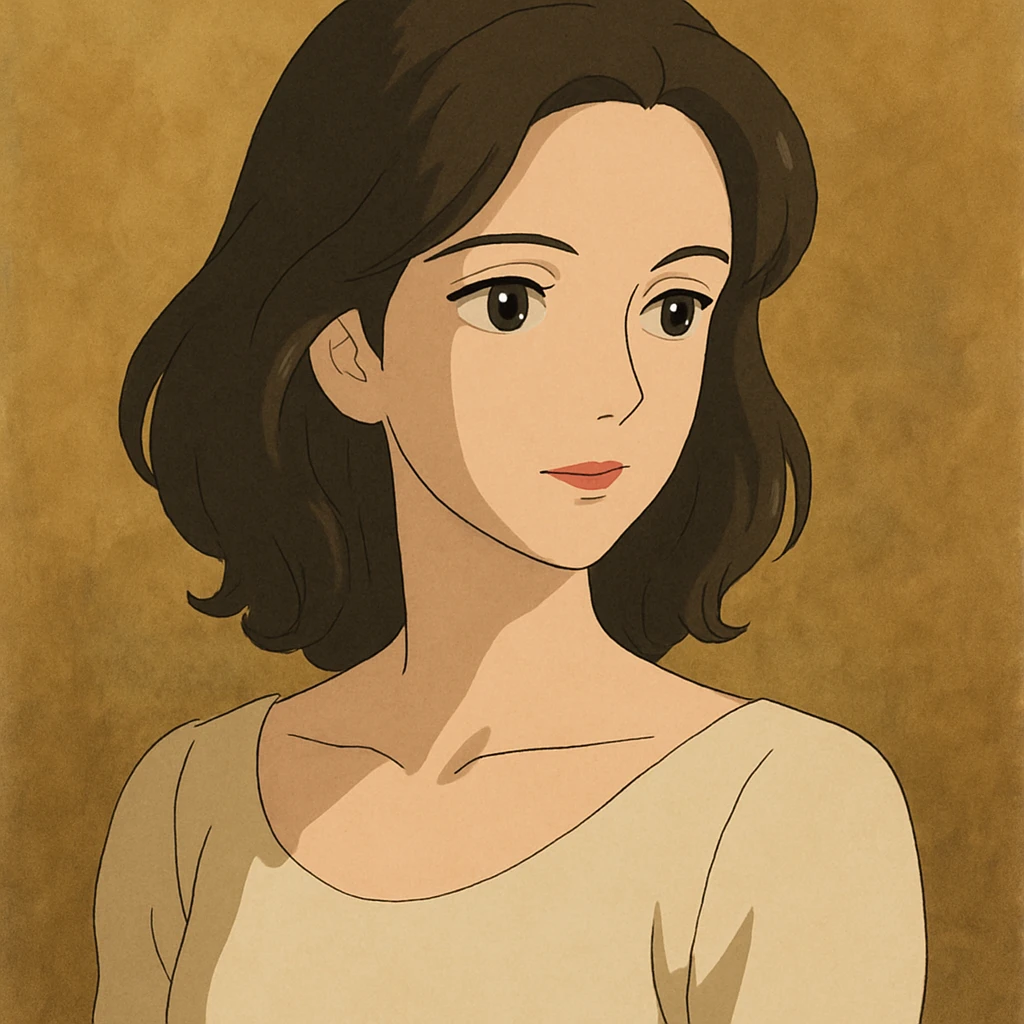 tasteful portrait of a brunette woman, soft lighting, elegant expression, color illustration, ghibli style emoji