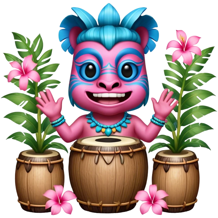 Pixar style little Blue and pink tiki singing with bongos and tropical flowers, ultra detailed and lifelike imagery, realistic emoji
