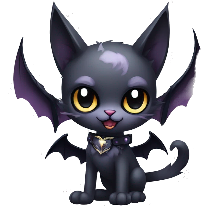  cool edgy kawaii ethereal dark-punk-themed animal vampiric cat-hybrid Fakemon with fangs and bat-wing-ears with a collar full body emoji