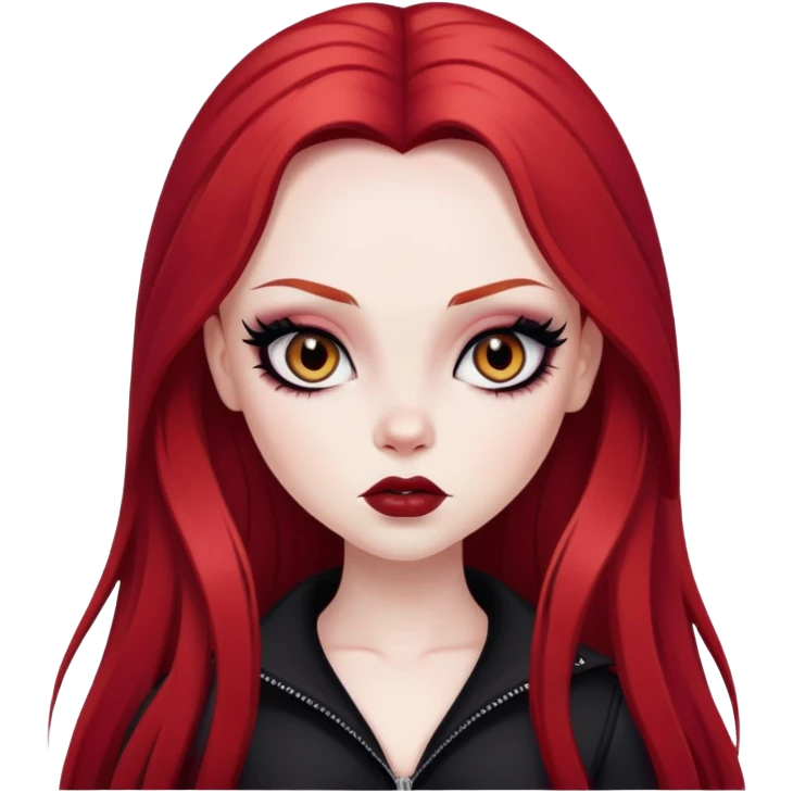 goth red long hair, pale skin,  brown iris, pretty bratz baddie, strong black eyeliner emoji