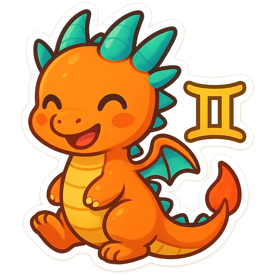 a cute dragon with Gemini twins symbol, vibrant emoji style, colorful, adorable emoji