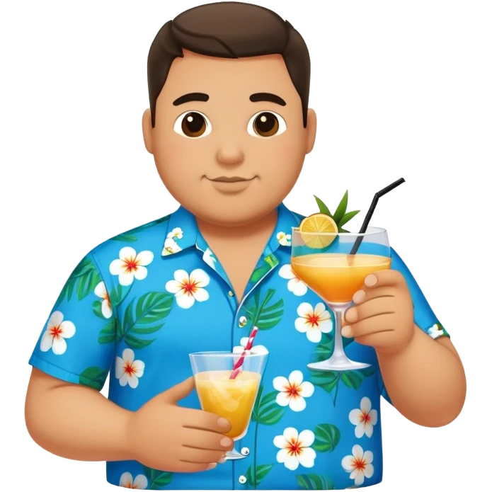 chubby guy full figure in a flowered azure havai shirt holding a cocktail emoji