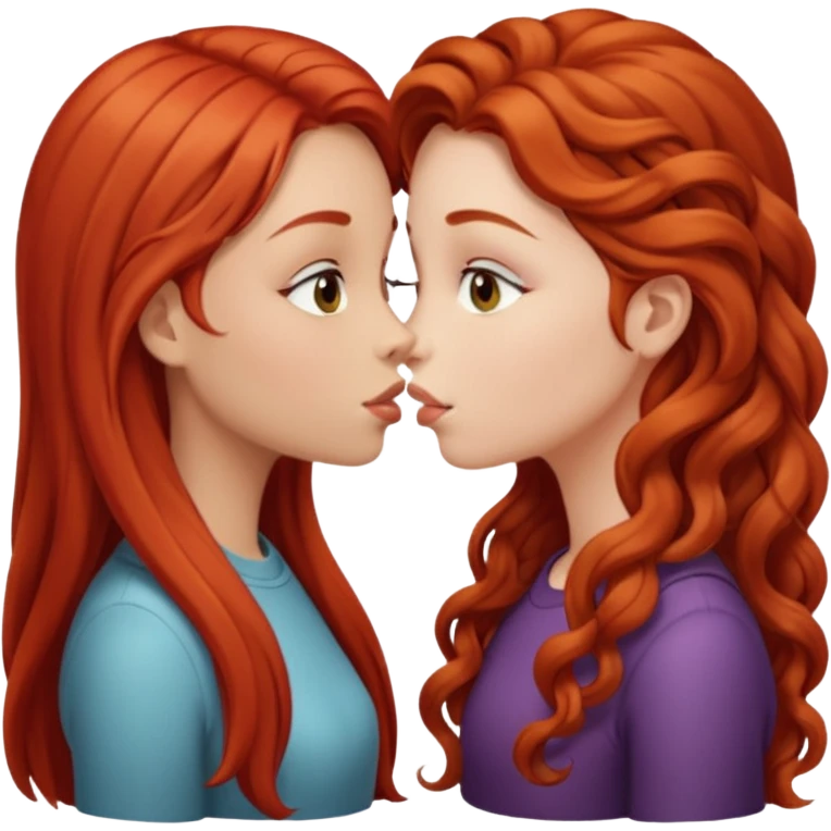 two girls kissing, one with long straight red hair, the other with long curly light brown hair emoji