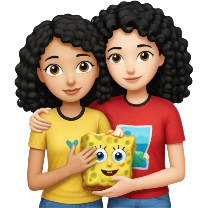 brown girl with black curly hair hugging a white girl with black straight hair and they’re both wearing spongebob shirts  emoji