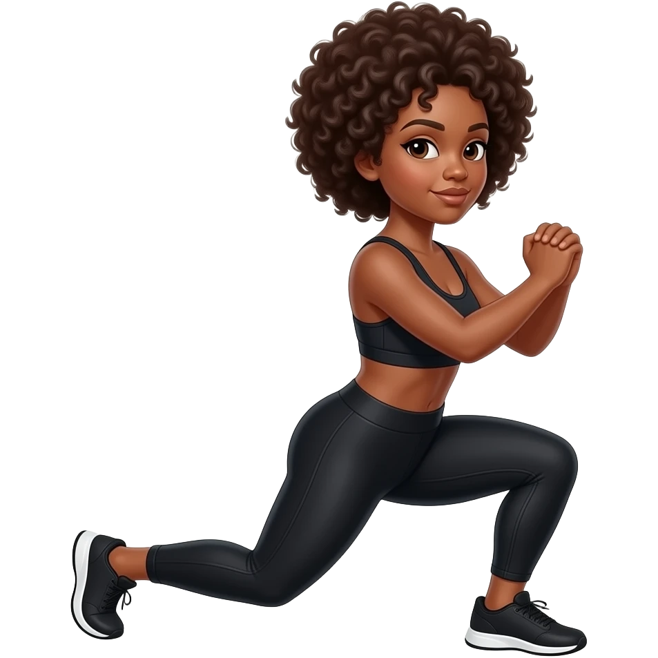 Light-brown Black woman, afro hair, wearing black sports bra and leggings, performing LUNGE Squat, full body, toned glutes and legs, strong posture, realistic fitness style, clean background, soft lighting. with hands in her hand emoji