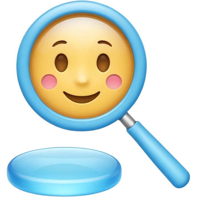A 3D emoji-style magnifying glass, smooth rounded shapes, soft gradient blue ring, glossy plastic material, subtle highlights and reflections, simple minimal design, pastel blue color, slightly thick proportions, soft lighting, clean white background, modern emoji aesthetic, centered composition emoji