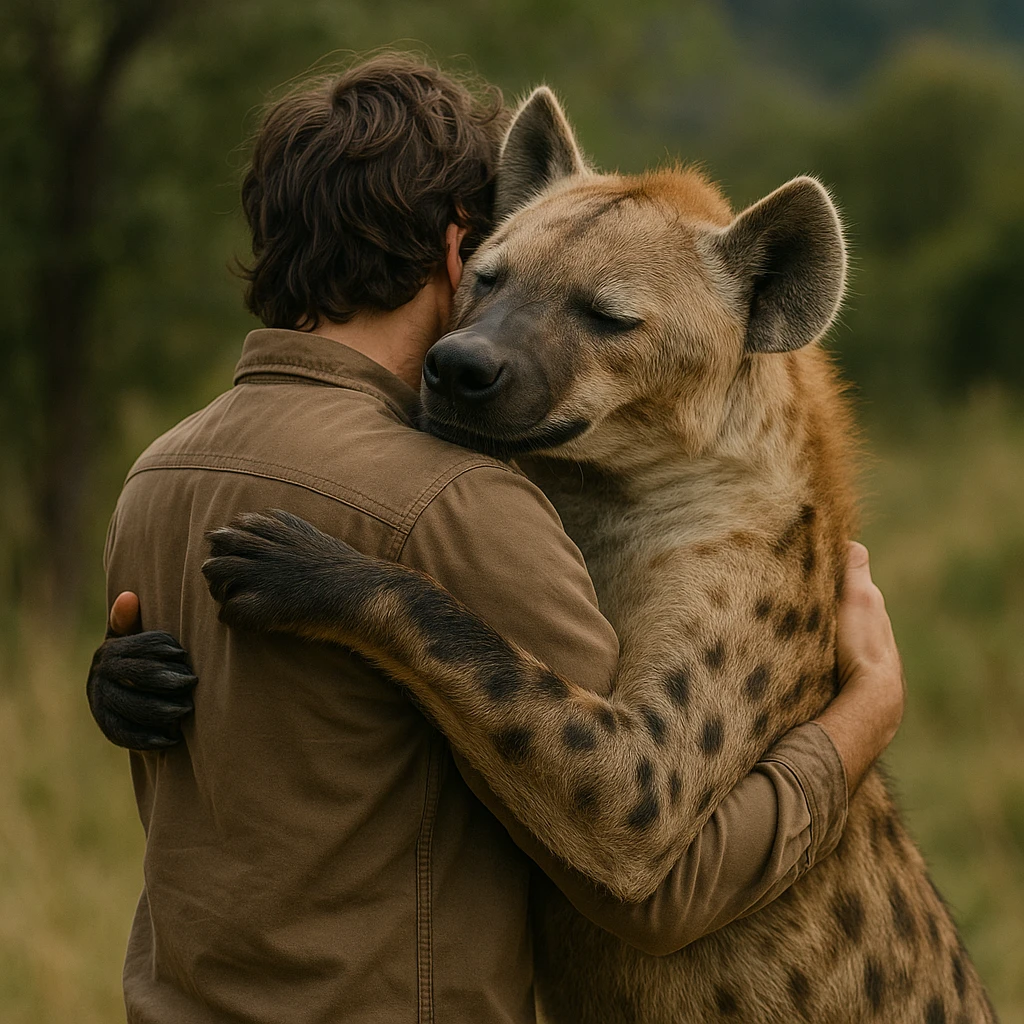 photorealistic hyena hugging a person in a natural setting, no cyberpunk elements emoji