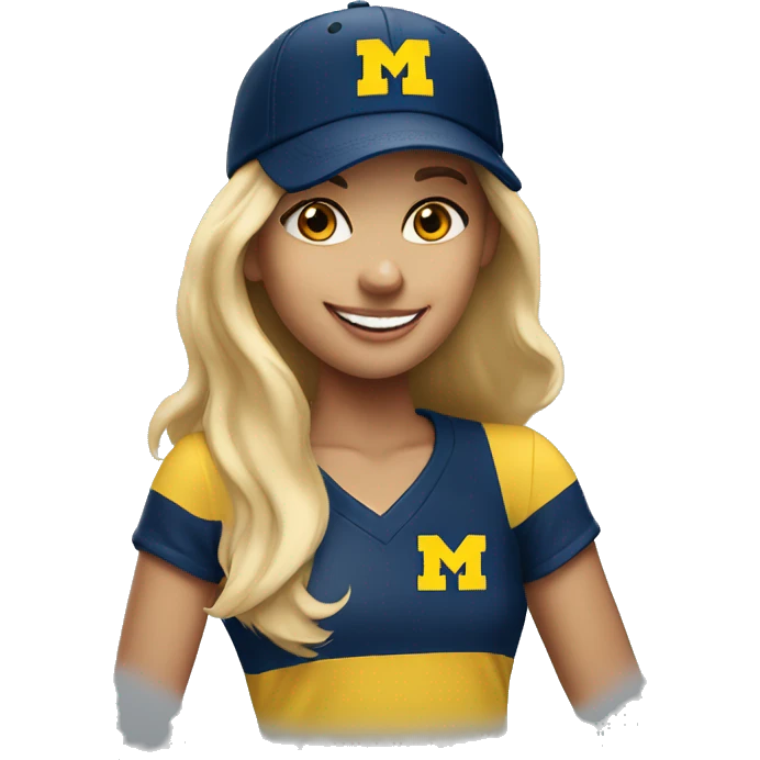 Blonde girl with blue eyes smiling wearing University of Michigan ball cap emoji