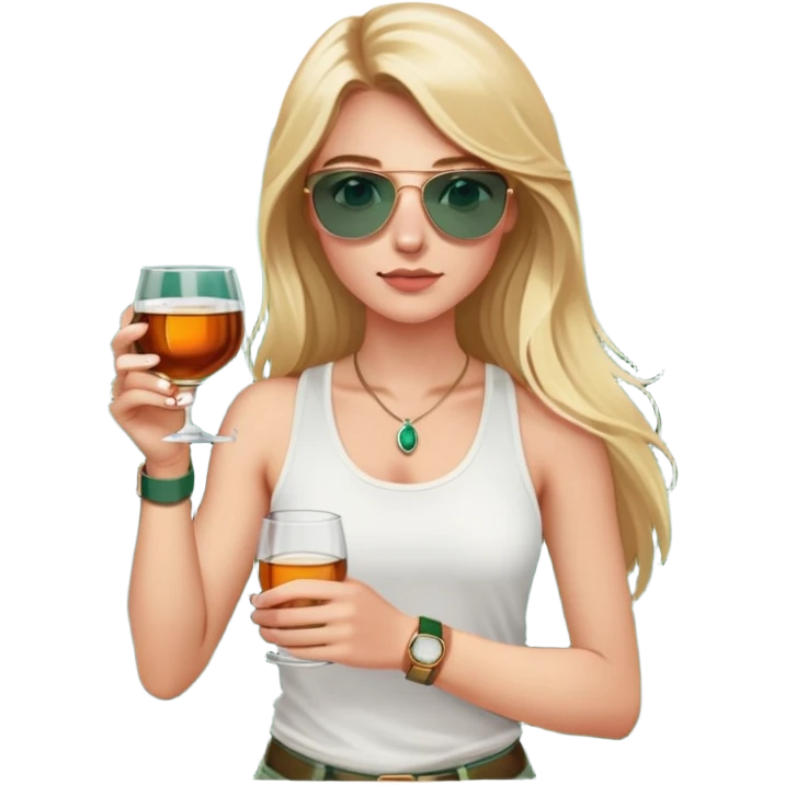 girl with long blond hair
with blue eyes
and aviator sunglasses
wearing white tank top 
holding a glass of whiskey 
wearing rose gold apple watch with forest green band  emoji