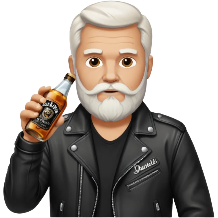 Un motero de barba blanca, chupa de cuero y bebiendo de una botella de Jack Daniel's. emoji