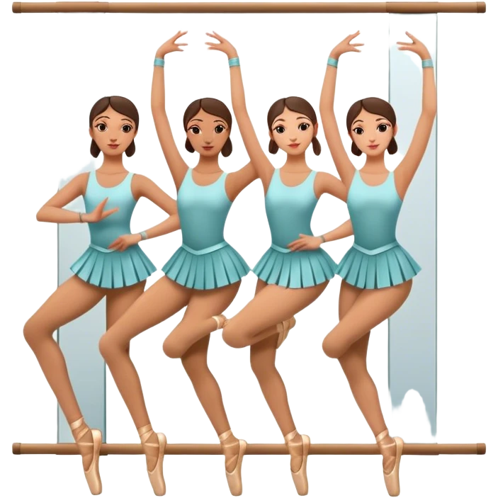 Icon for Choreography: a group of dancers in identical poses, standing by a wall with all wall long mirror, holding a long barre with one hand. The icon should capture the discipline and synchronized movement of dance training. Transparent background. emoji
