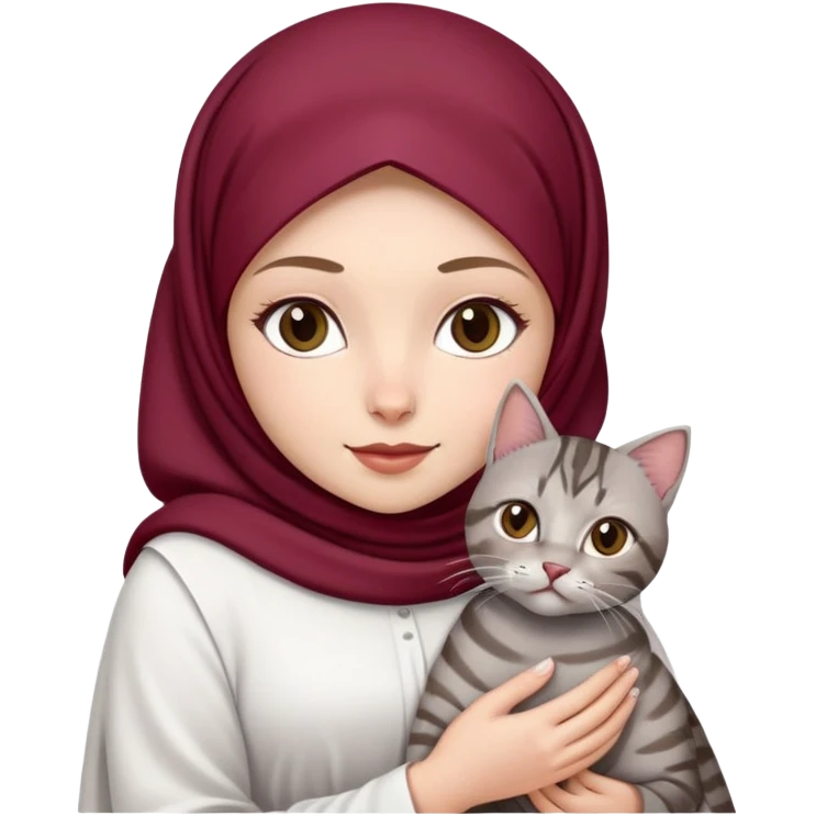 White girl wearing maroon hijab with white dress holding a black and grey tabby cat emoji