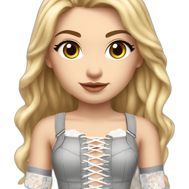 hyperrealistic caucasian blonde female, long straight hair, white lace-up crop bustier, grey tight mini skirt, full view emoji