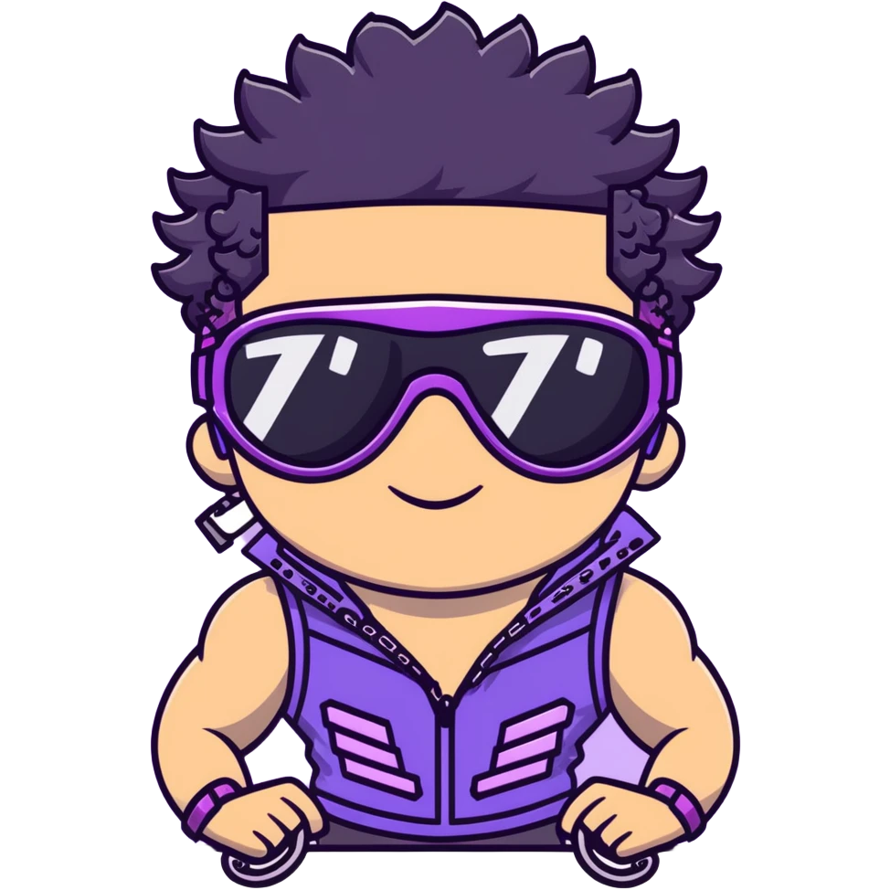 male athlete with white skin and moderately curly black hair on top with shaved sides, wearing ski goggles with purple frames and very dark black lenses, a simple plain black chain necklace, and a completely unzipped sleeveless vest with purple and black sequin fire pattern design, fully revealing his chest, shoulders and arms, no earrings emoji