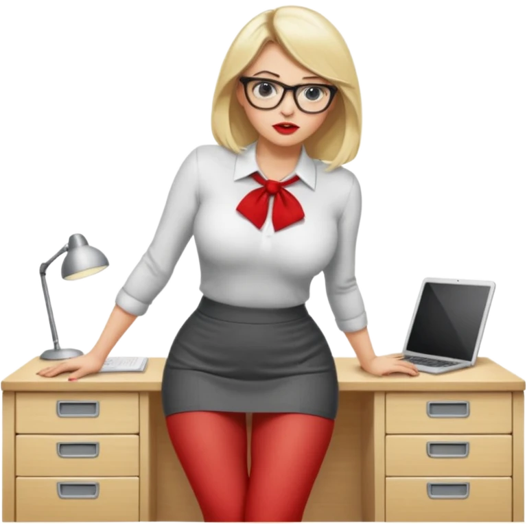Blond lady.big boobs.glasses.short skirt.no shirt .cleavage .red lipstick .bending over desk forward showing ass.being horny emoji