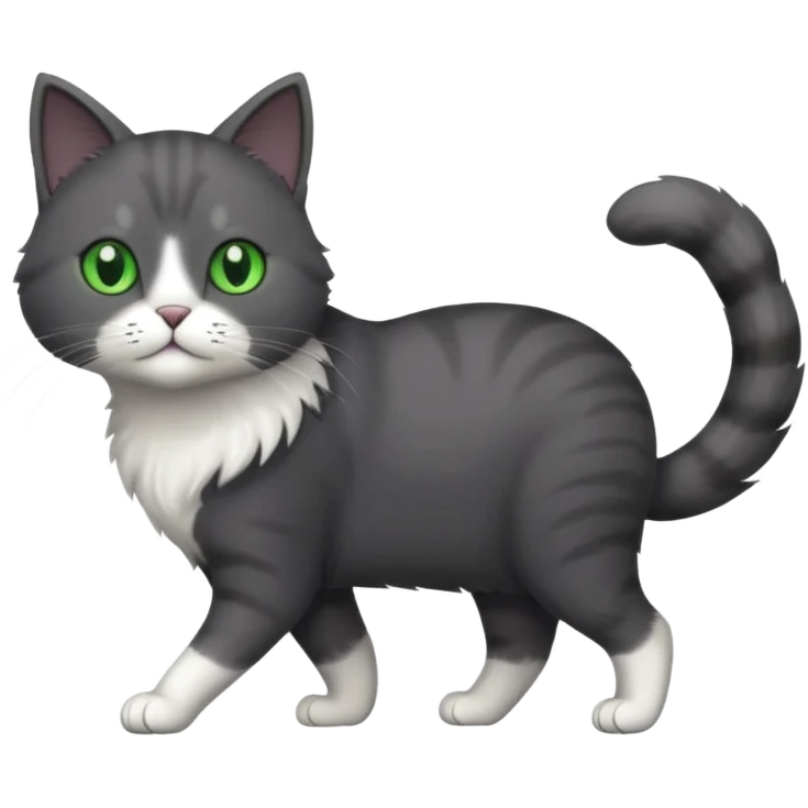 full body gorgeous solid dark grey cat with green eyes, white paws and white whiskers walking emoji