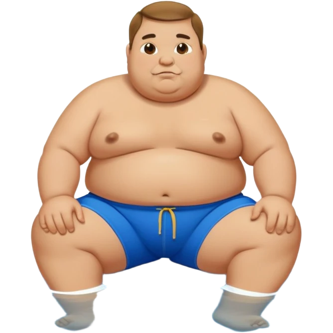 a fat man sitting in shallow water wearing blue shorts emoji