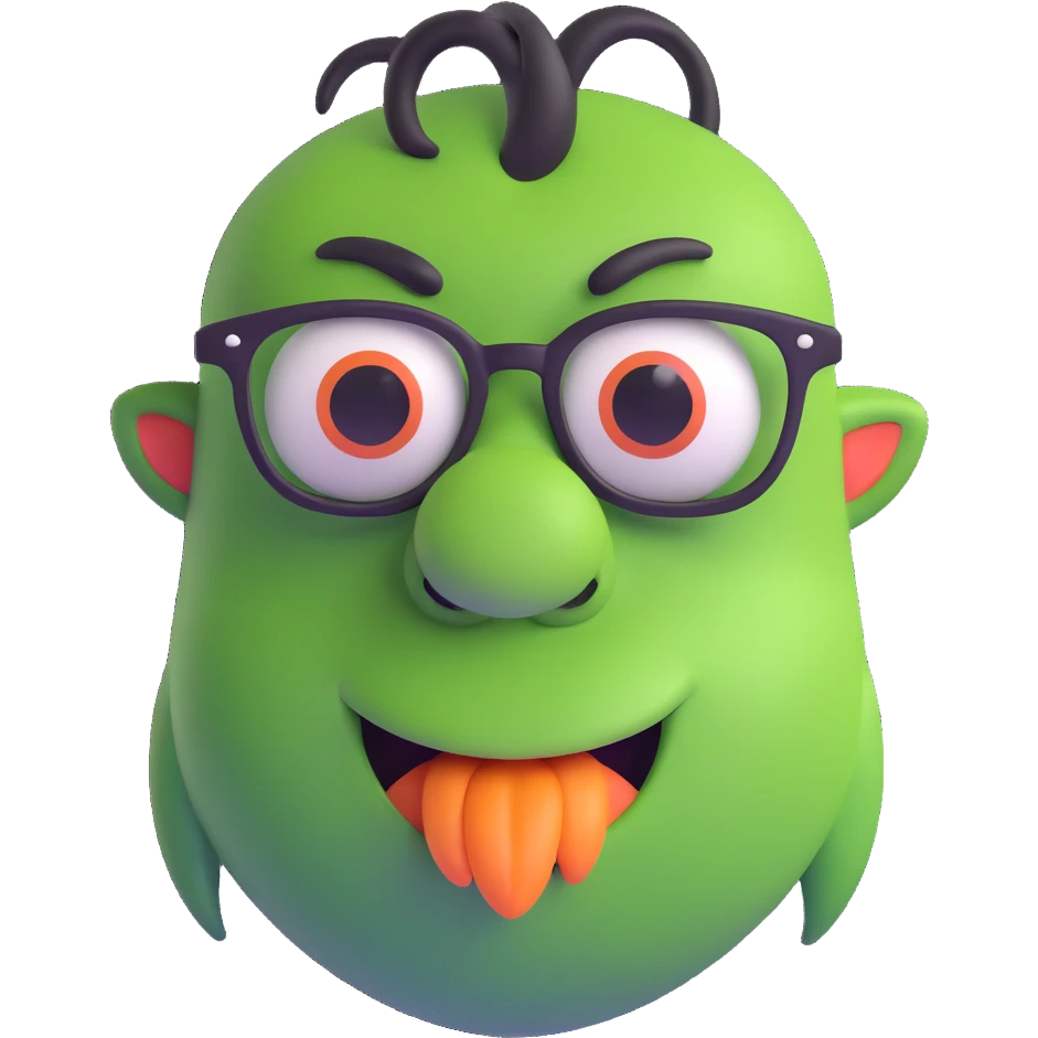 monster with a big nose and black glasses, silly expression emoji