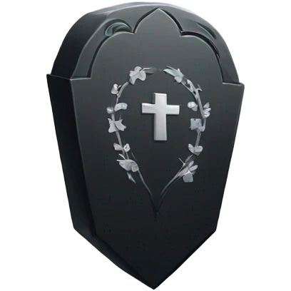 a black tombstone with the inscriptions in silver RIP and a silver heart in the center emoji