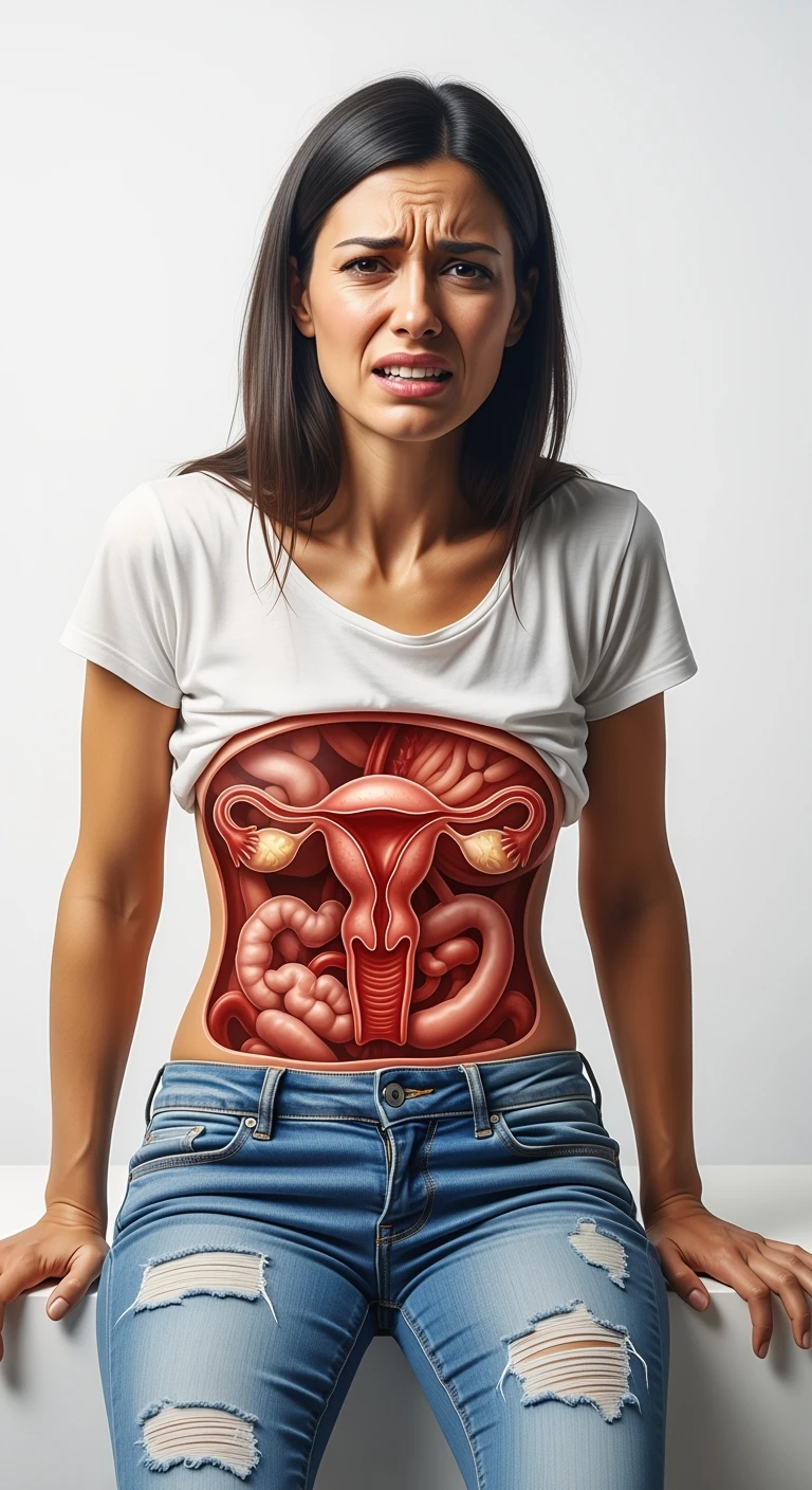 donna vestita casual realistico con utero umano anatomico in evidenza, dolore in volto, IPERREALISTICO 4K, sfondo bianco emoji