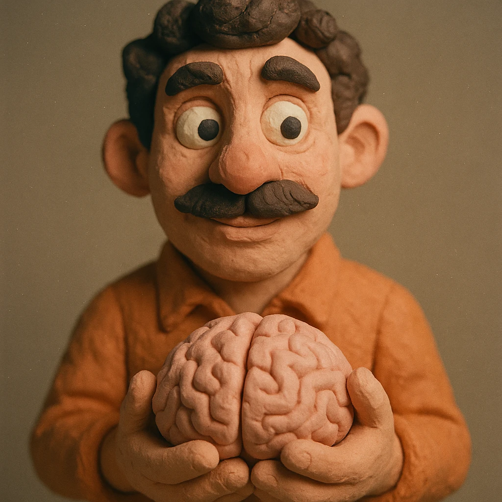 Enhance the claymation man holding a brain by adding more depth and dimension to the image. Make him more attractive and quirky, inspired by the first version, with dark curly hair, thick mustache, light skin, claymation style, visible fingerprints, and pastel colors. emoji
