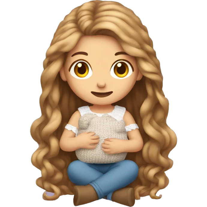 woman with very long light brown hair sitting on the ground crocheting baby clothes emoji