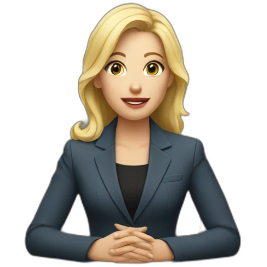 Blonde white woman wearing a suit sitting on the table telling the news towards the camera emoji