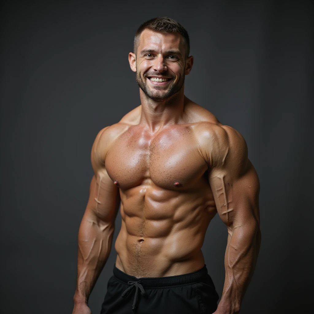 realistic 4K photo of a crossfit male athlete with athletic and proportionate physique, glowing skin, visible muscles, natural lighting, gym background, smiling emoji