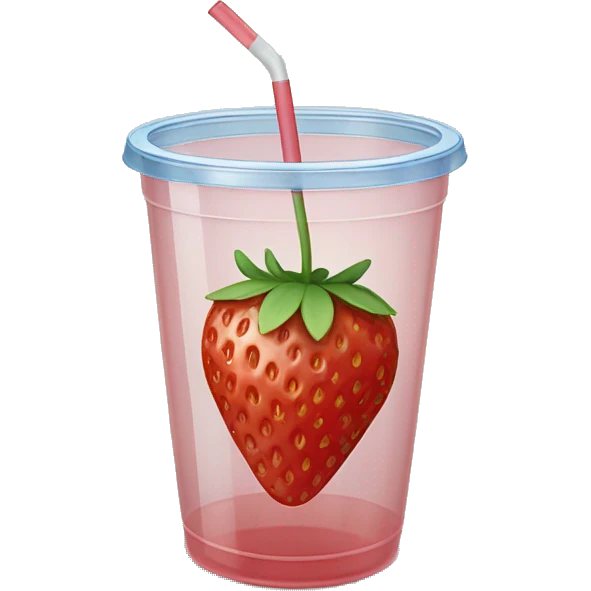 a single strawberry in a clear plastic cup that has water - there is also a straw with a lid emoji