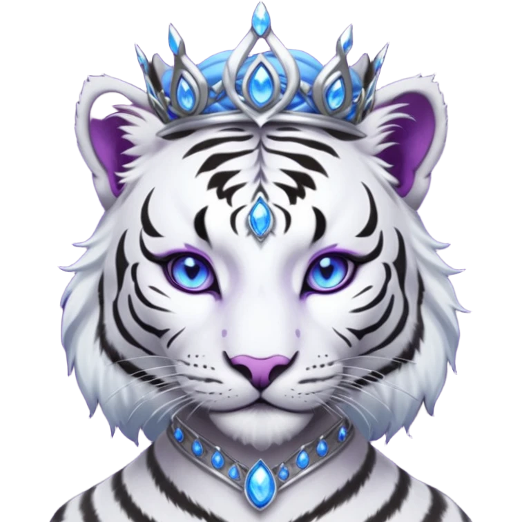 ESO Female white/black tiger khajiit leader of the umbral rose, glowing blue eyes, glowing blue 'third eye' gem; beautiful desined purple gemmed silver tiara emoji