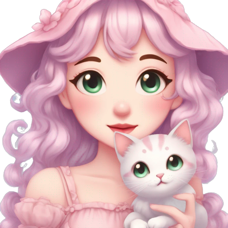 Gorgeous pastel anime style lady with blushing face and holding a kitten cottagecore fairycore pastelcore colorful pearly romantic simplistic aesthetic trending style emoji