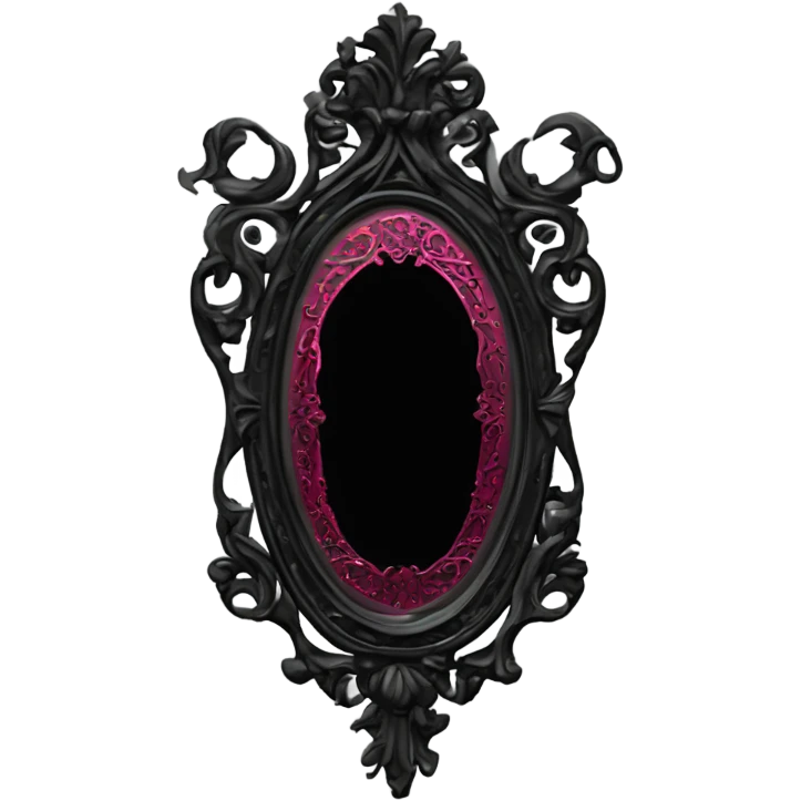 "Design a Victorian Gothic mirror with an ornate black frame featuring scrollwork and filigree. Include accents of dark red and burnt pink. The mirror glass should be gray, creating a mysterious and somber look." emoji