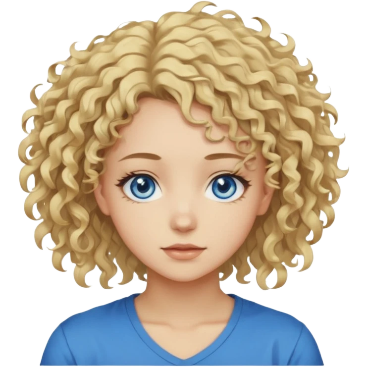 This is a 2D digital anime-style portrait of a female, caucasian, 29 years old light skin. The person has messy stray blond curly hair, round blue eyes.  emoji