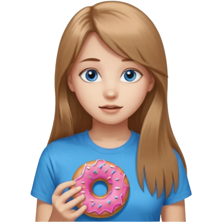 una ragazza dall‘ età di 19 anni con capelli castani chiaro lunghi e lisci ,  occhi celesti,  con addosso una maglietta con una ciambella senza orecchini  emoji