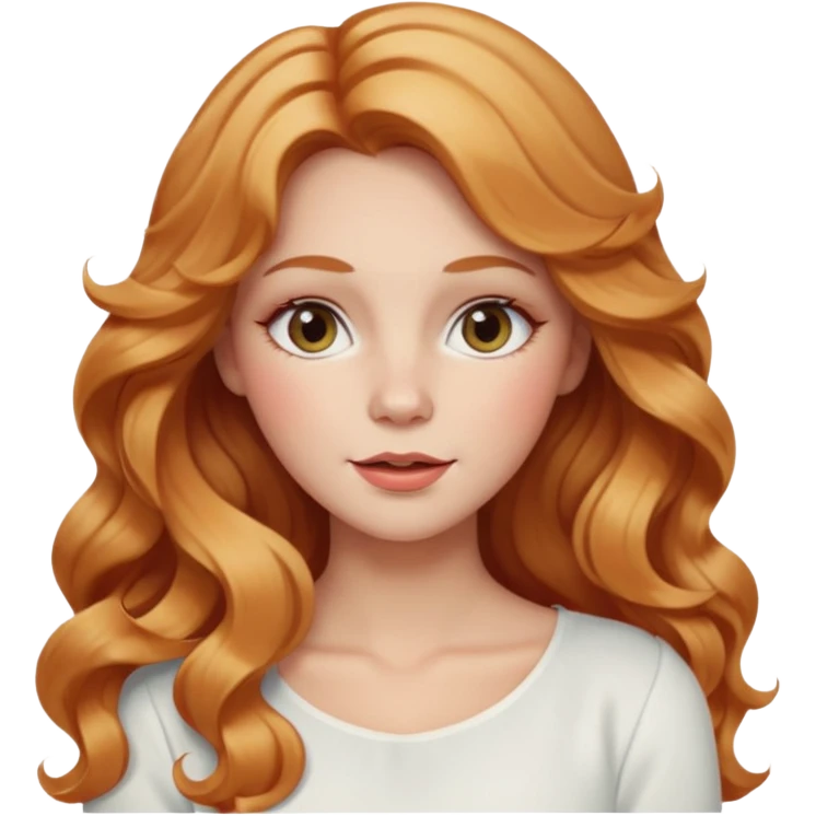 white adult woman with strawberry blonde super long wavy hair, white top, blushed cheeks emoji