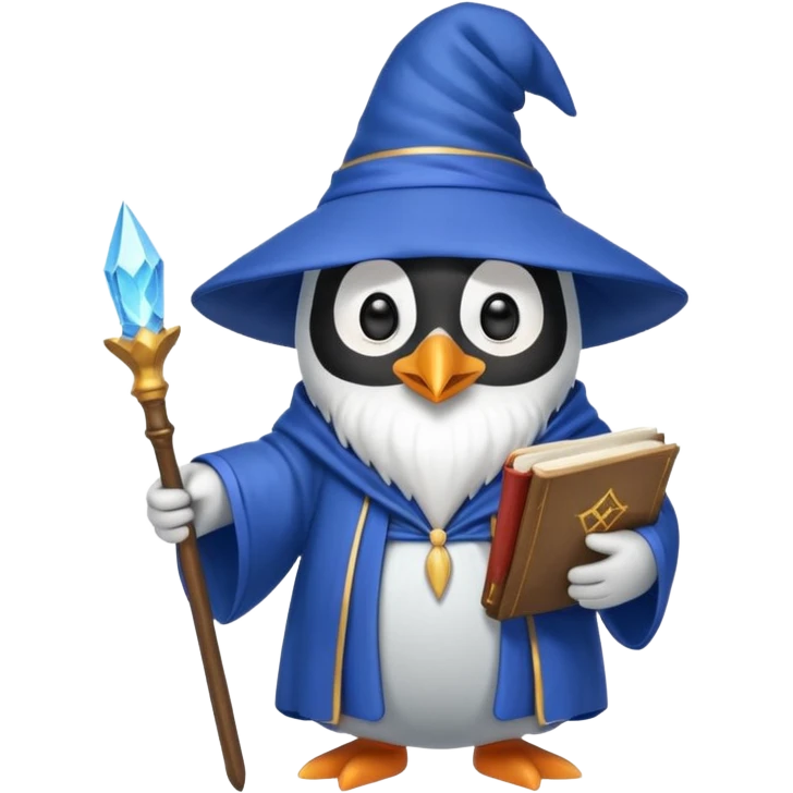 cute penguin wizard with a long beard holding an open spellbook emoji